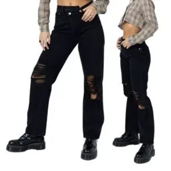 Glassons Jeans Asymmetrical Crossover Waist Straight Black Distressed Goth Sz 10 - Picture 2 of 16